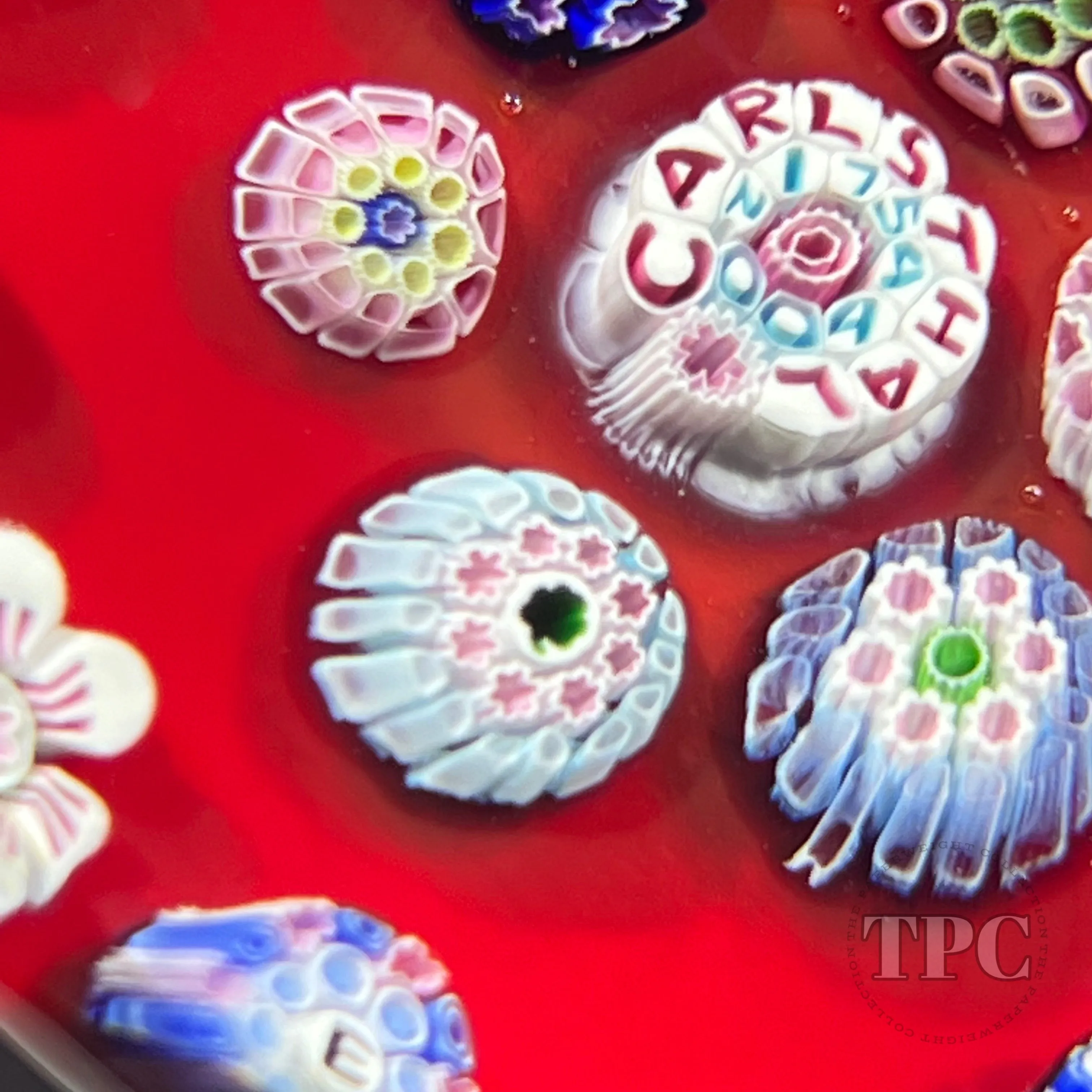 Drew Ebelhare Commemorative Glass Art Paperweight Carlsthal 1754-2004 Complex Open Concentric Millefiori on Opaque Red Ground