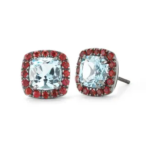 Dynamite - Stud Earrings with Blue Topaz and Orange Sapphires, 18k Blackened Gold