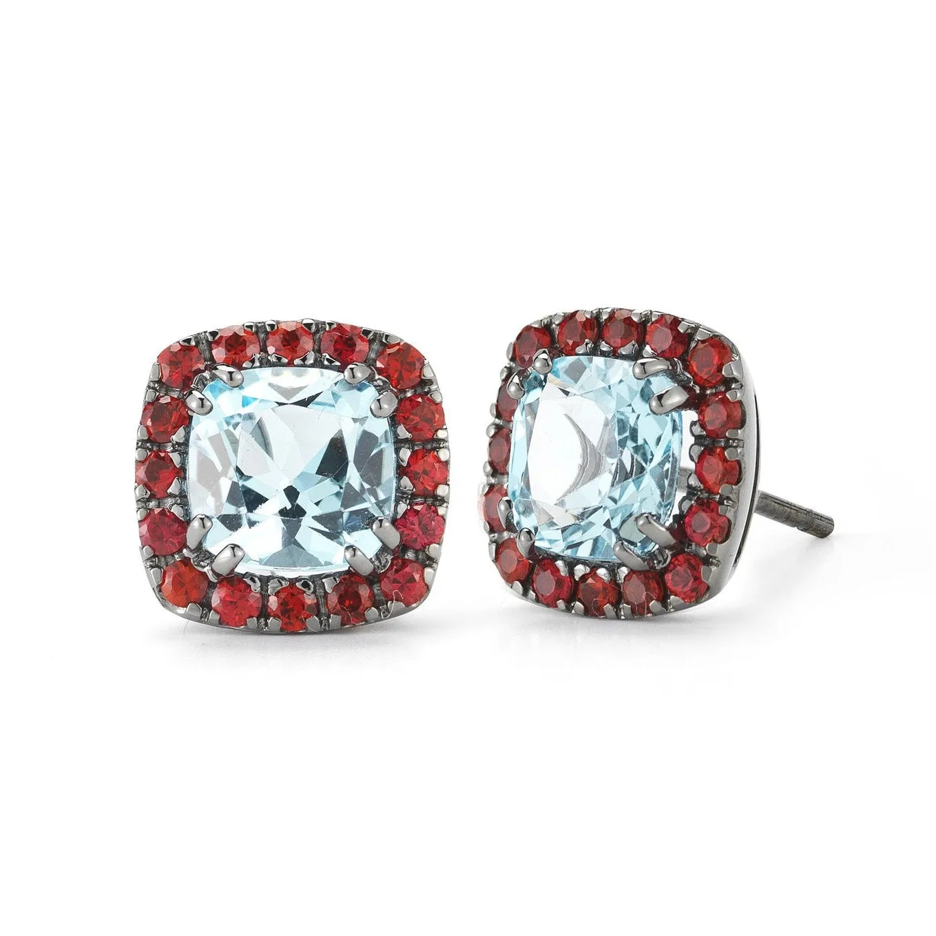 Dynamite - Stud Earrings with Blue Topaz and Orange Sapphires, 18k Blackened Gold