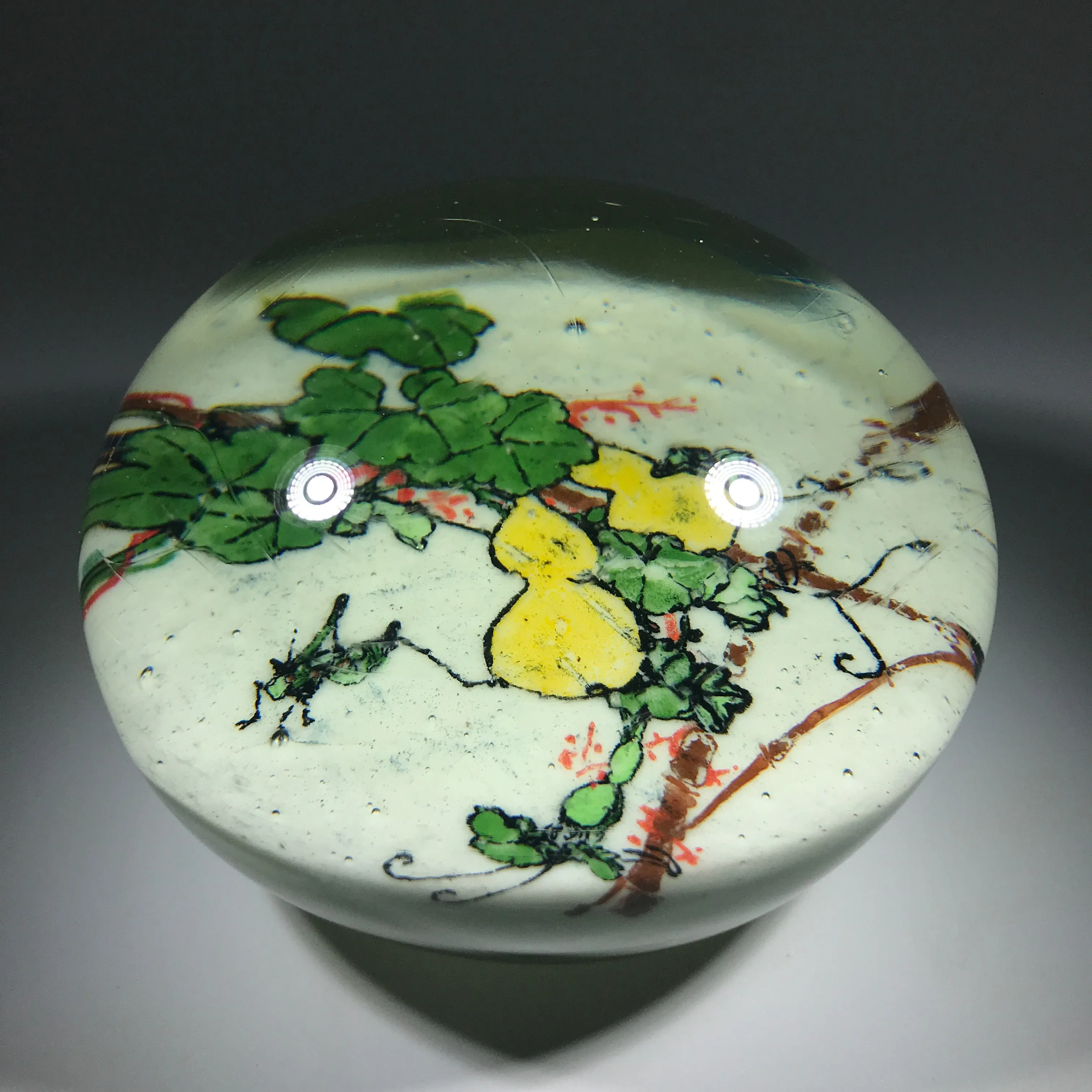 Early 20th Century Chinese Magnum Art Glass Paperweight Painted White Ground Cricket on Squash Trellis