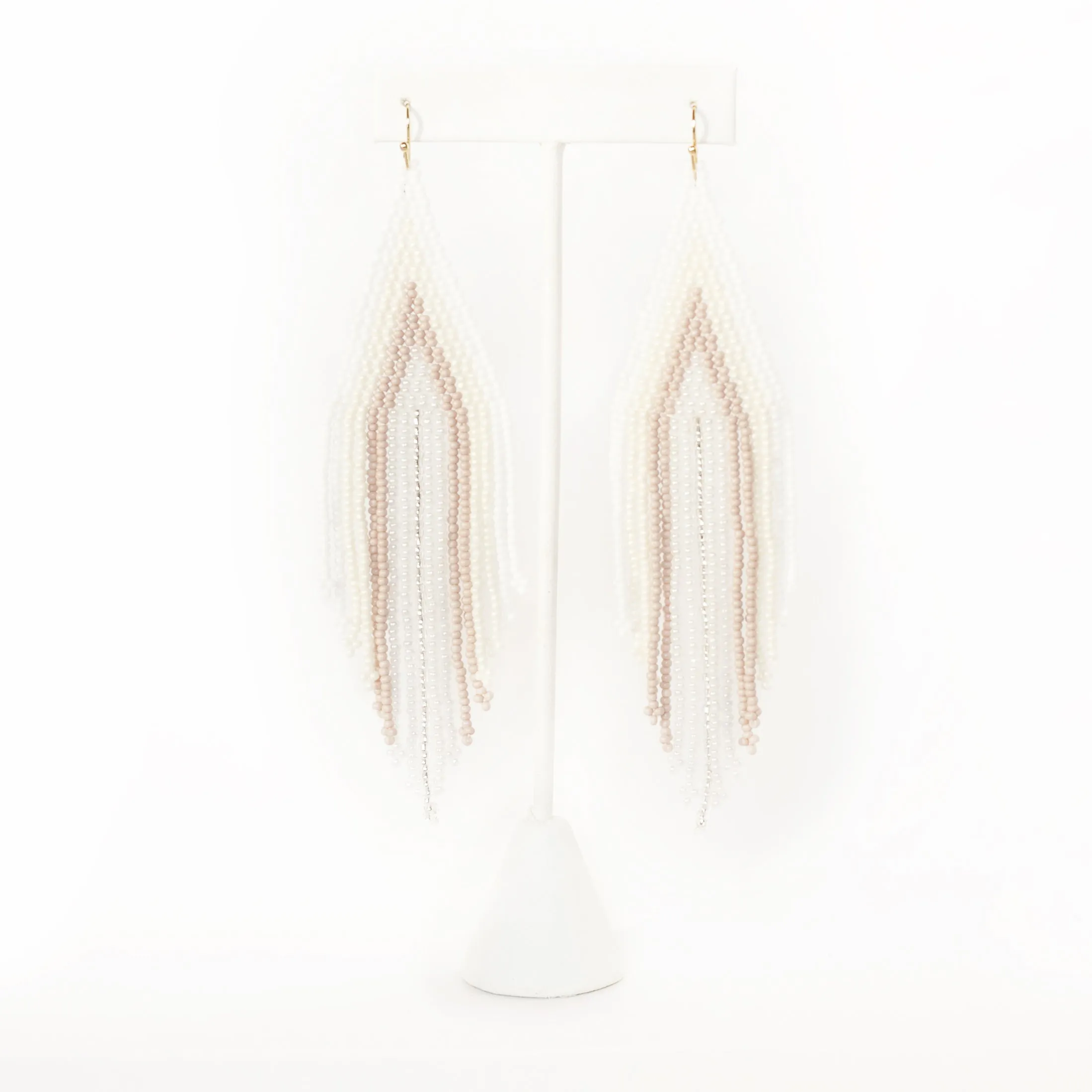Earring Beaded Dangle Fringe Tan and White