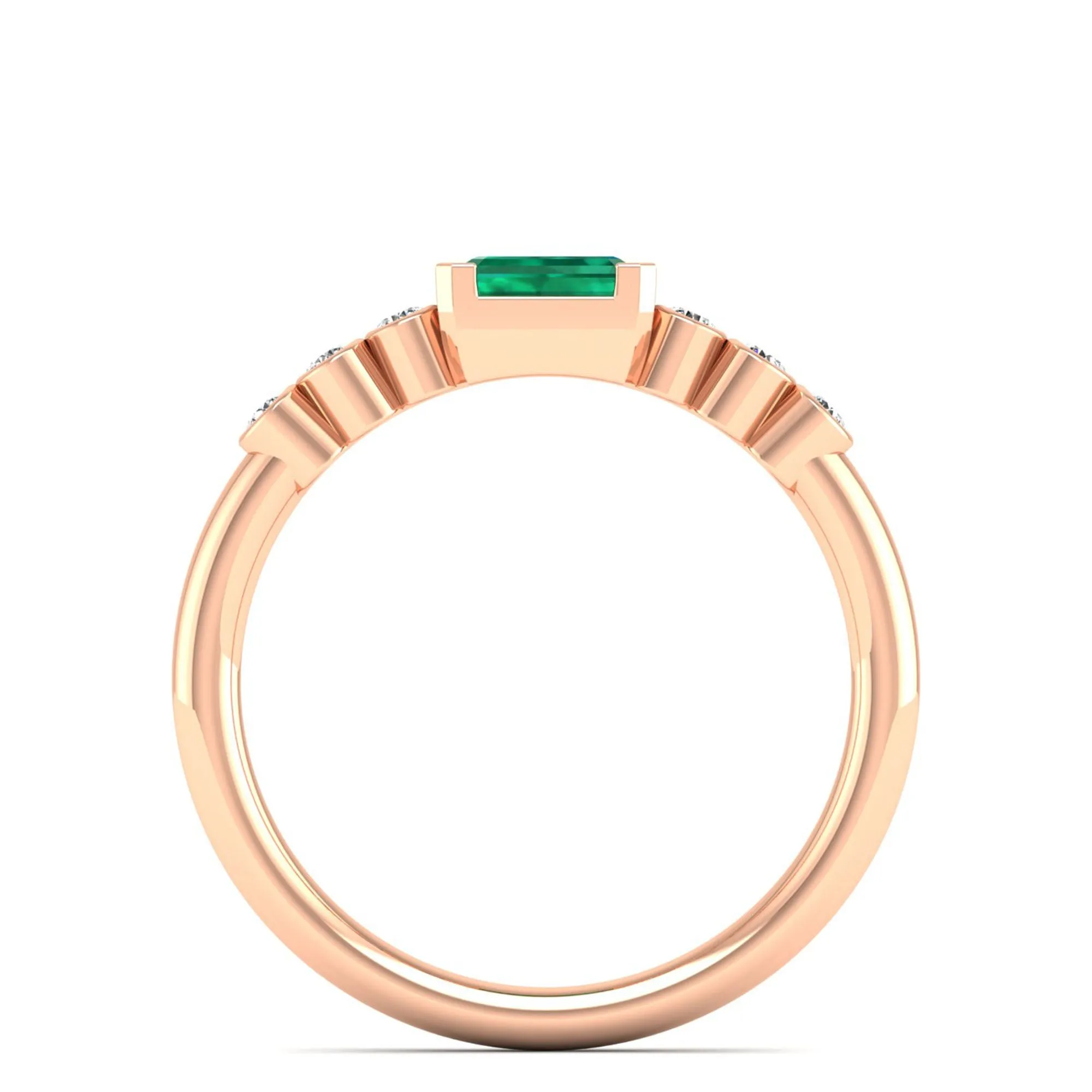 East-West Emerald and Bezel Diamond Ring