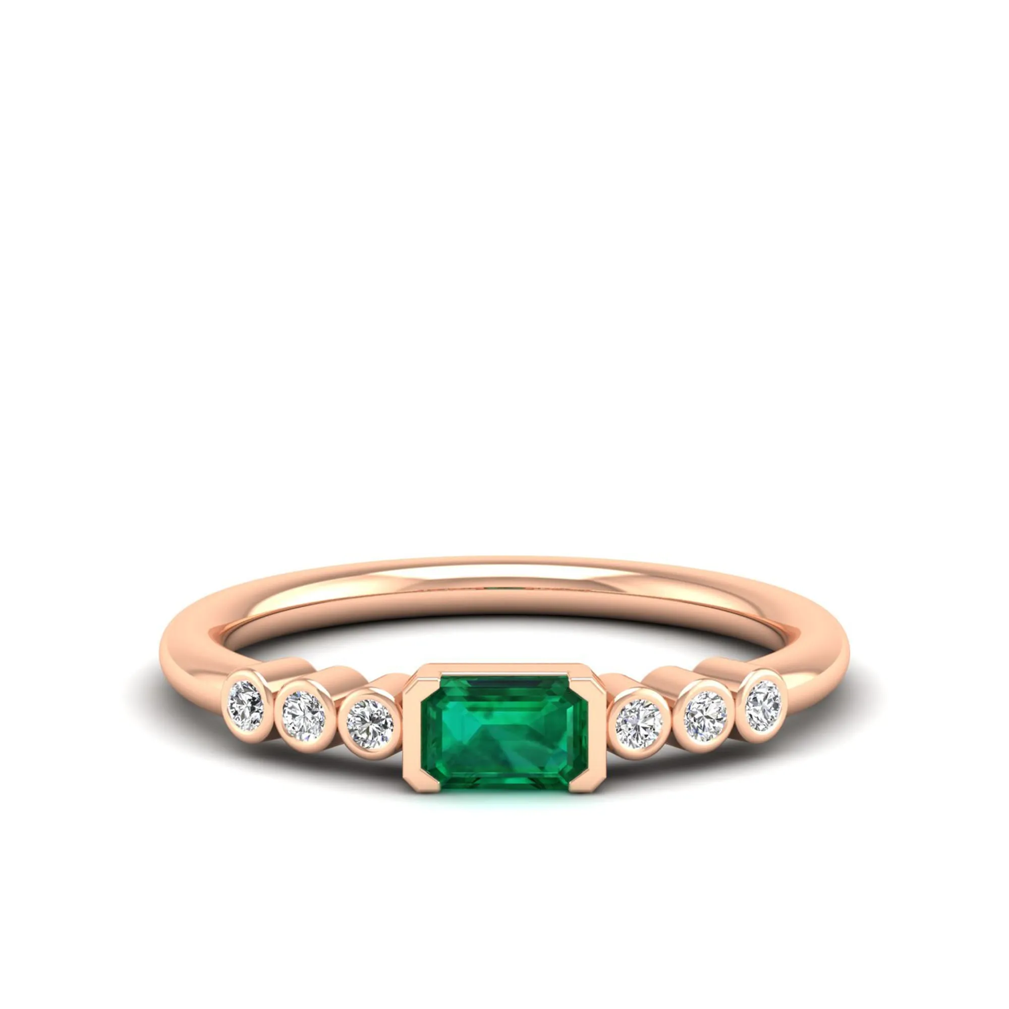 East-West Emerald and Bezel Diamond Ring