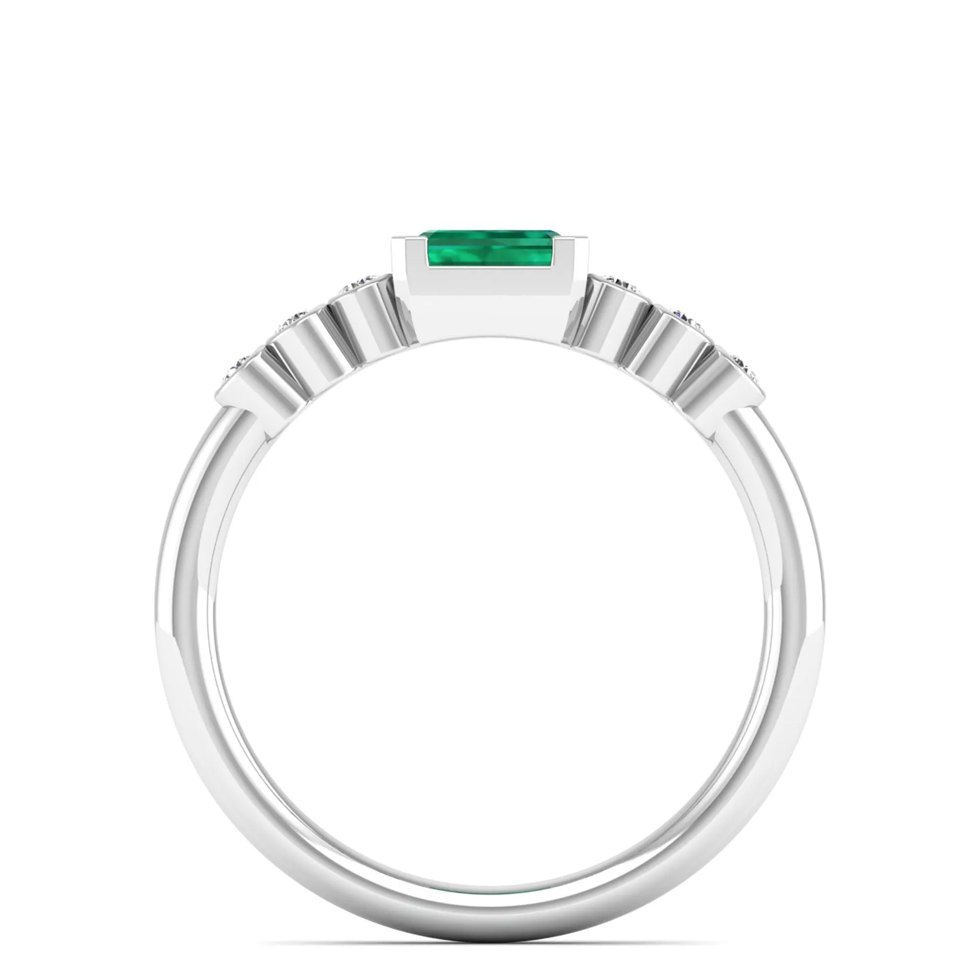 East-West Emerald and Bezel Diamond Ring