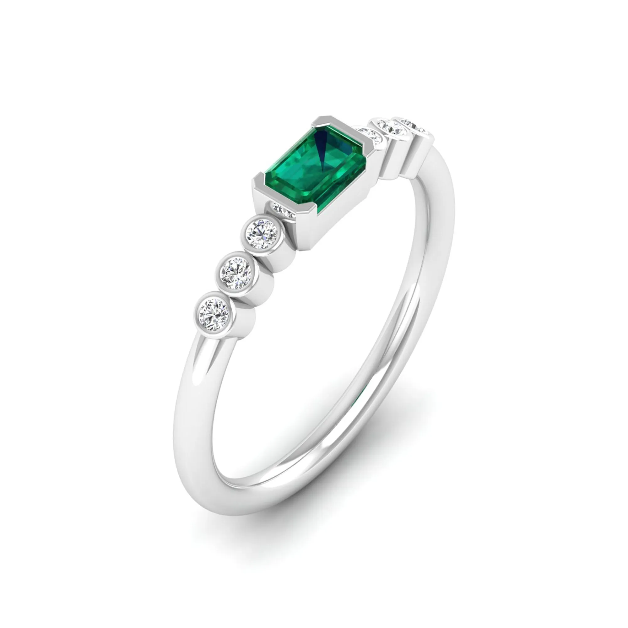East-West Emerald and Bezel Diamond Ring