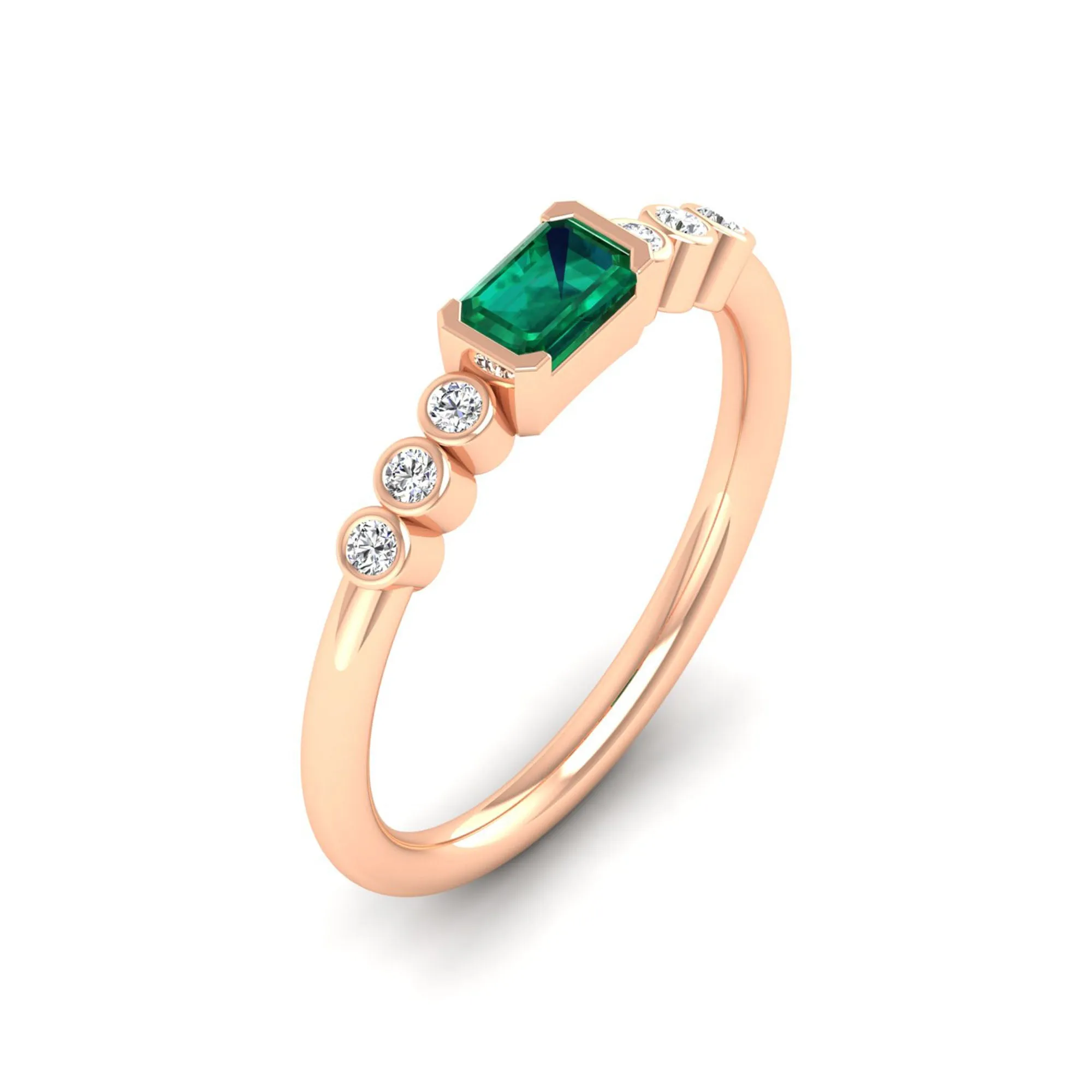 East-West Emerald and Bezel Diamond Ring