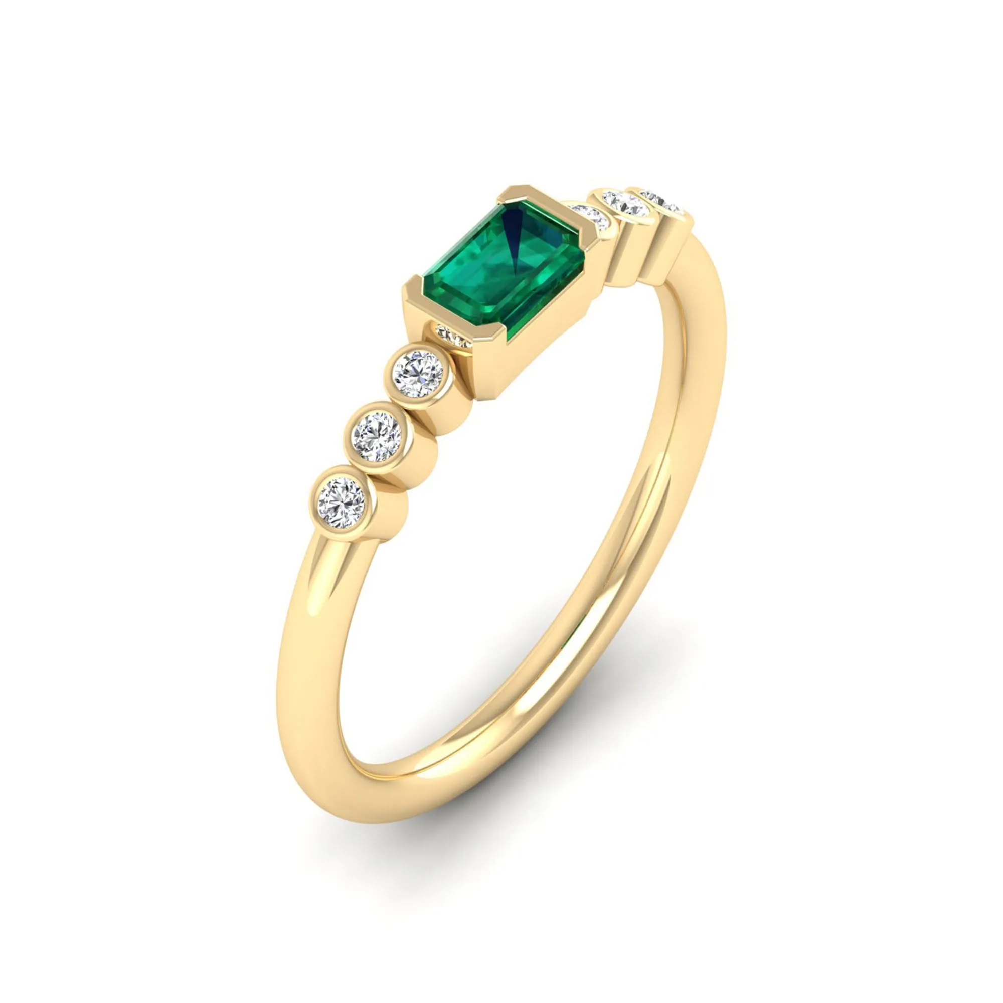 East-West Emerald and Bezel Diamond Ring