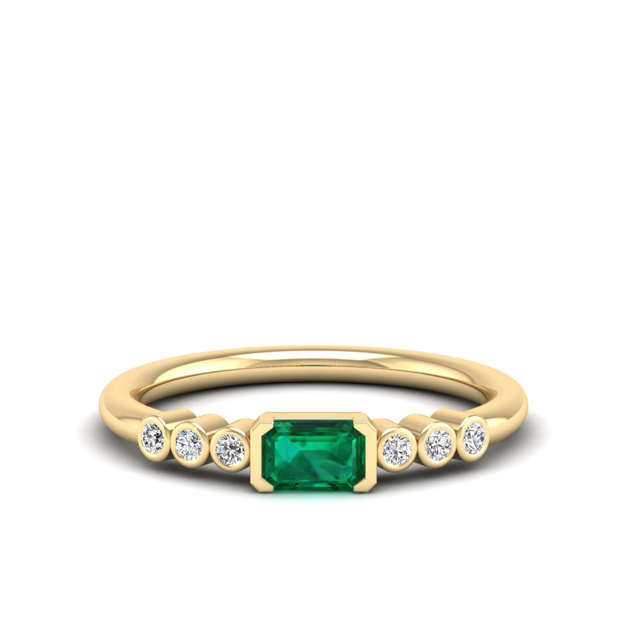 East-West Emerald and Bezel Diamond Ring