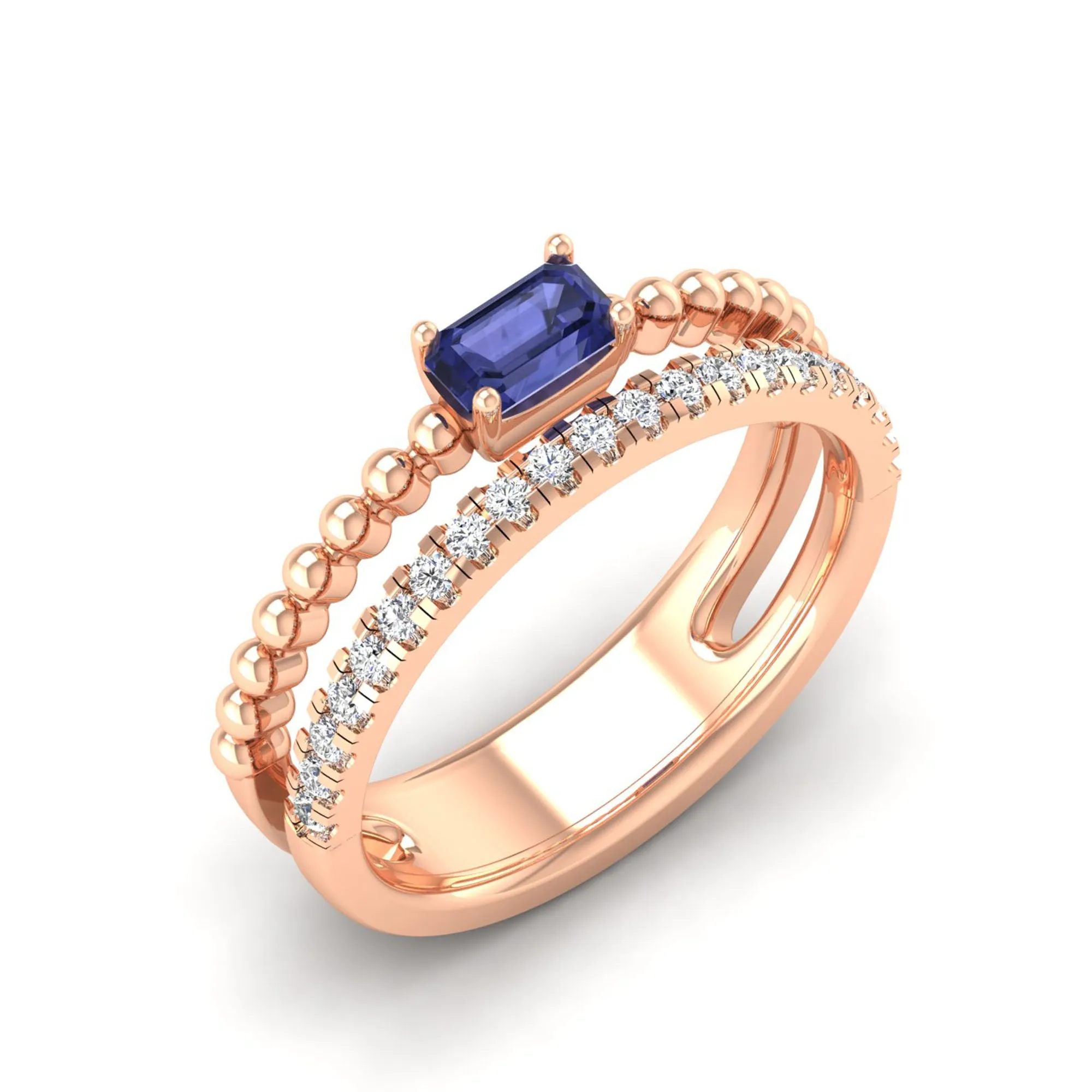 Emerald Cut East-West Tanzanite and Diamond Ring