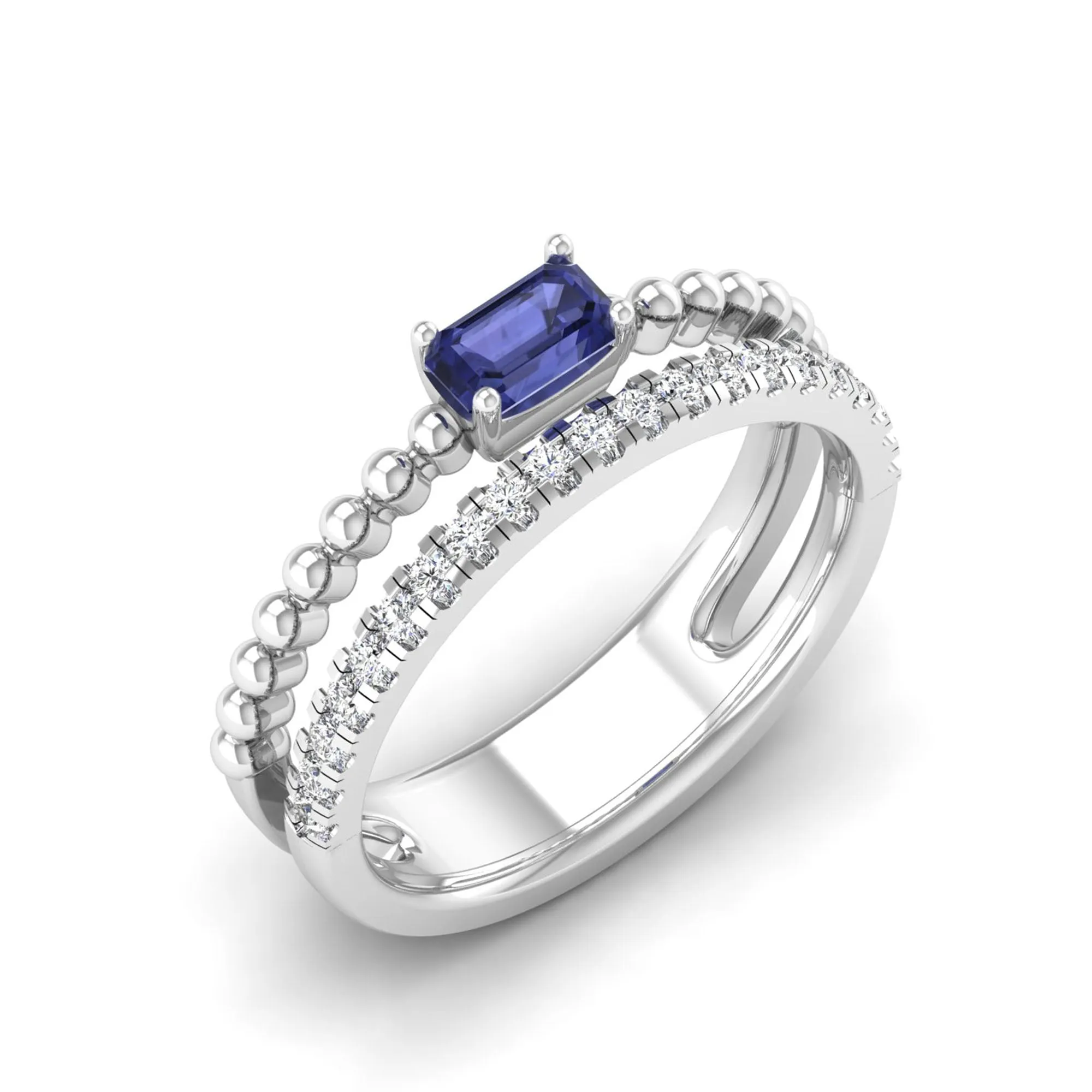 Emerald Cut East-West Tanzanite and Diamond Ring