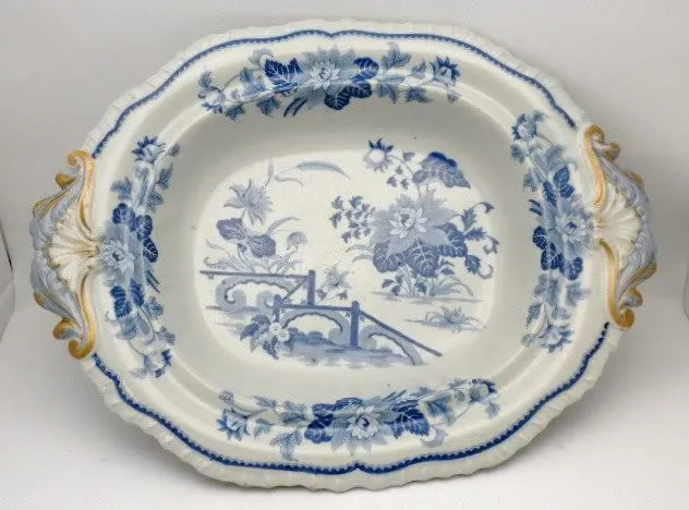 English Antique Gilt Tureen Blue White C 1860