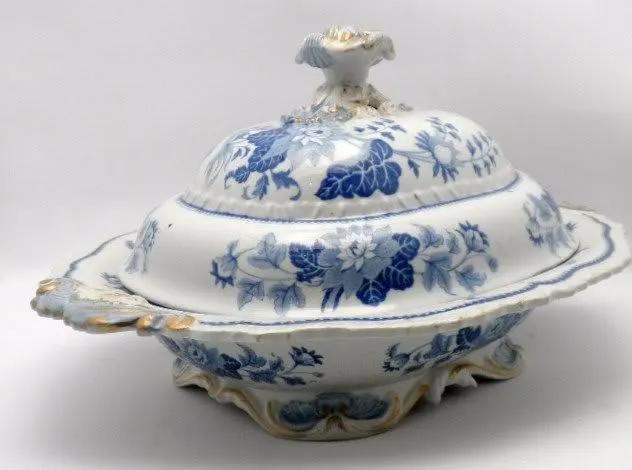 English Antique Gilt Tureen Blue White C 1860