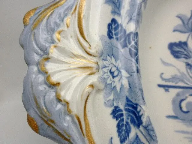 English Antique Gilt Tureen Blue White C 1860
