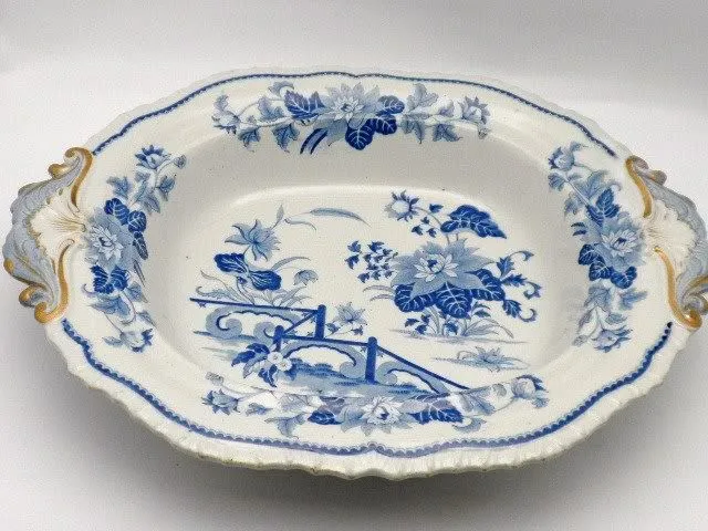 English Antique Gilt Tureen Blue White C 1860