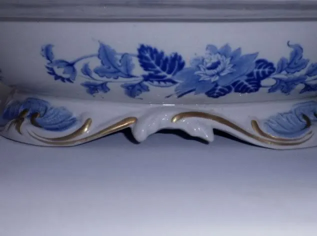 English Antique Gilt Tureen Blue White C 1860