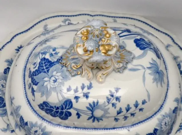 English Antique Gilt Tureen Blue White C 1860