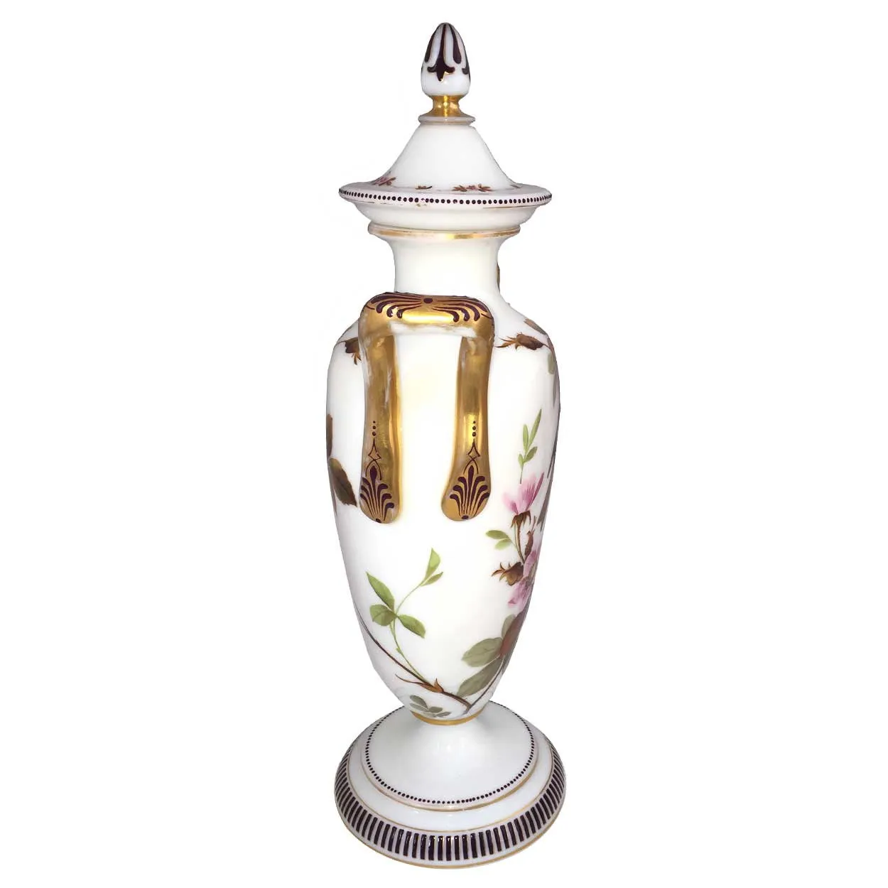 English Victorian Bristol Painted Glass Covered Urn