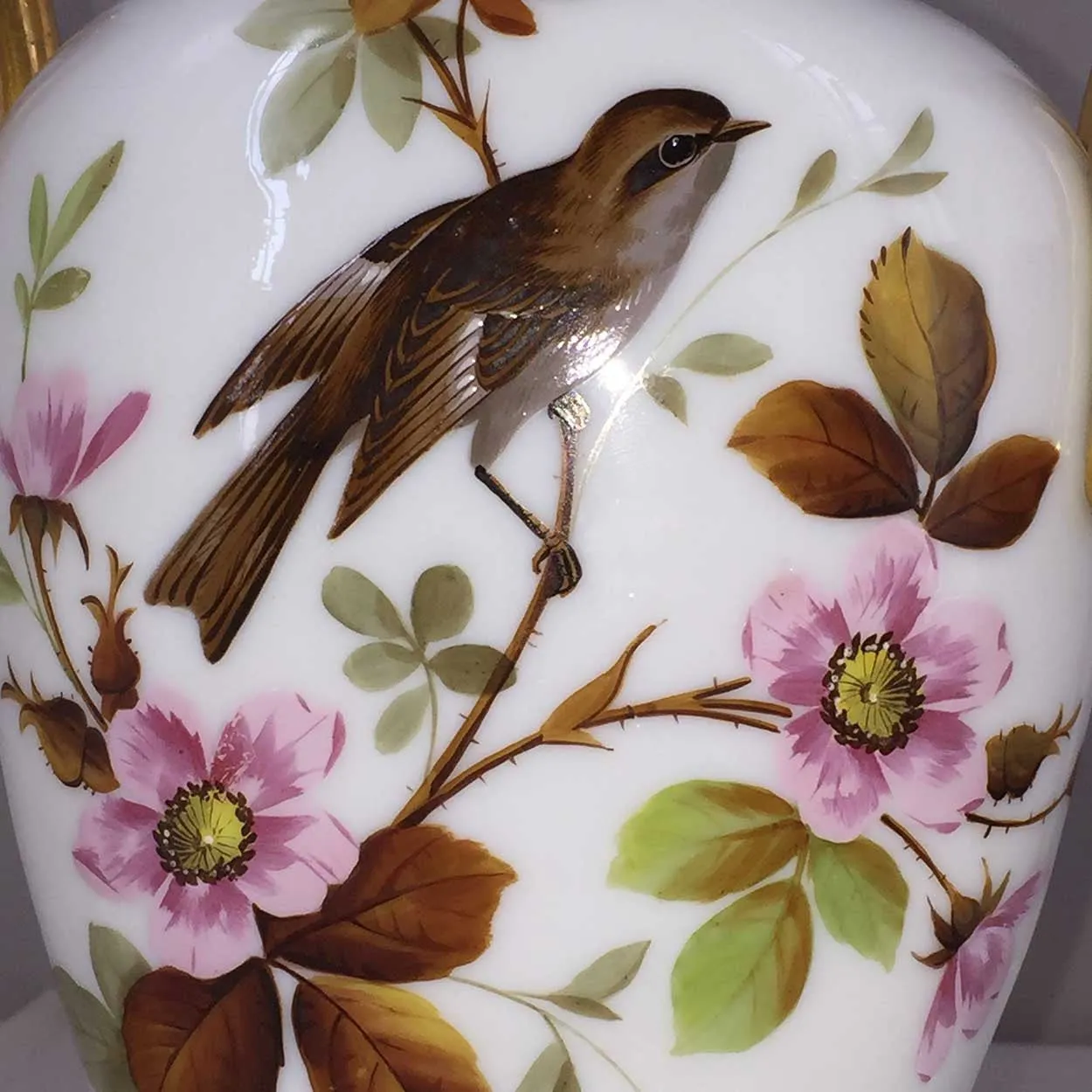 English Victorian Bristol Painted Glass Covered Urn