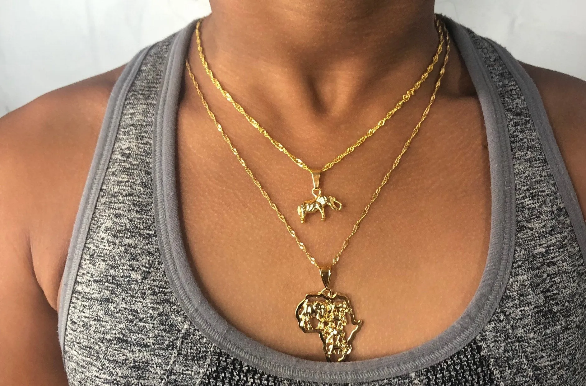 Ephant necklace set , 2 piece 18k gold plated heart africa and elephant charm set