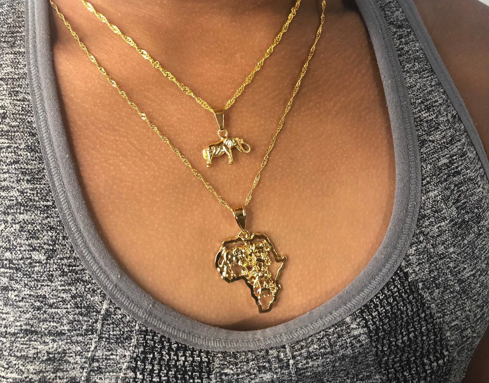 Ephant necklace set , 2 piece 18k gold plated heart africa and elephant charm set