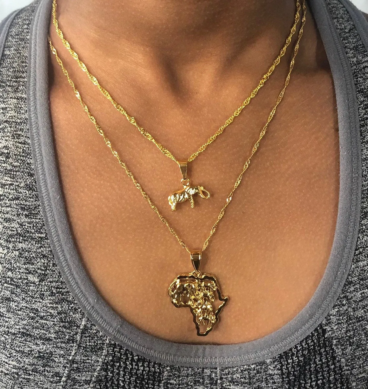 Ephant necklace set , 2 piece 18k gold plated heart africa and elephant charm set