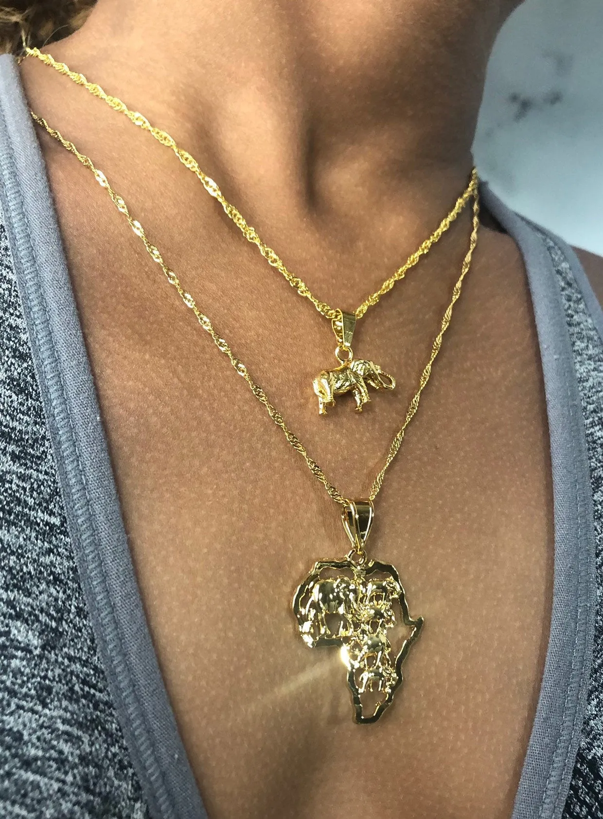 Ephant necklace set , 2 piece 18k gold plated heart africa and elephant charm set