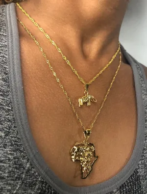 Ephant necklace set , 2 piece 18k gold plated heart africa and elephant charm set
