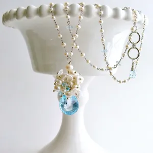 Fancy Cut Blue Topaz Seed Pearl Cluster Pendant Necklace - Diana Necklace