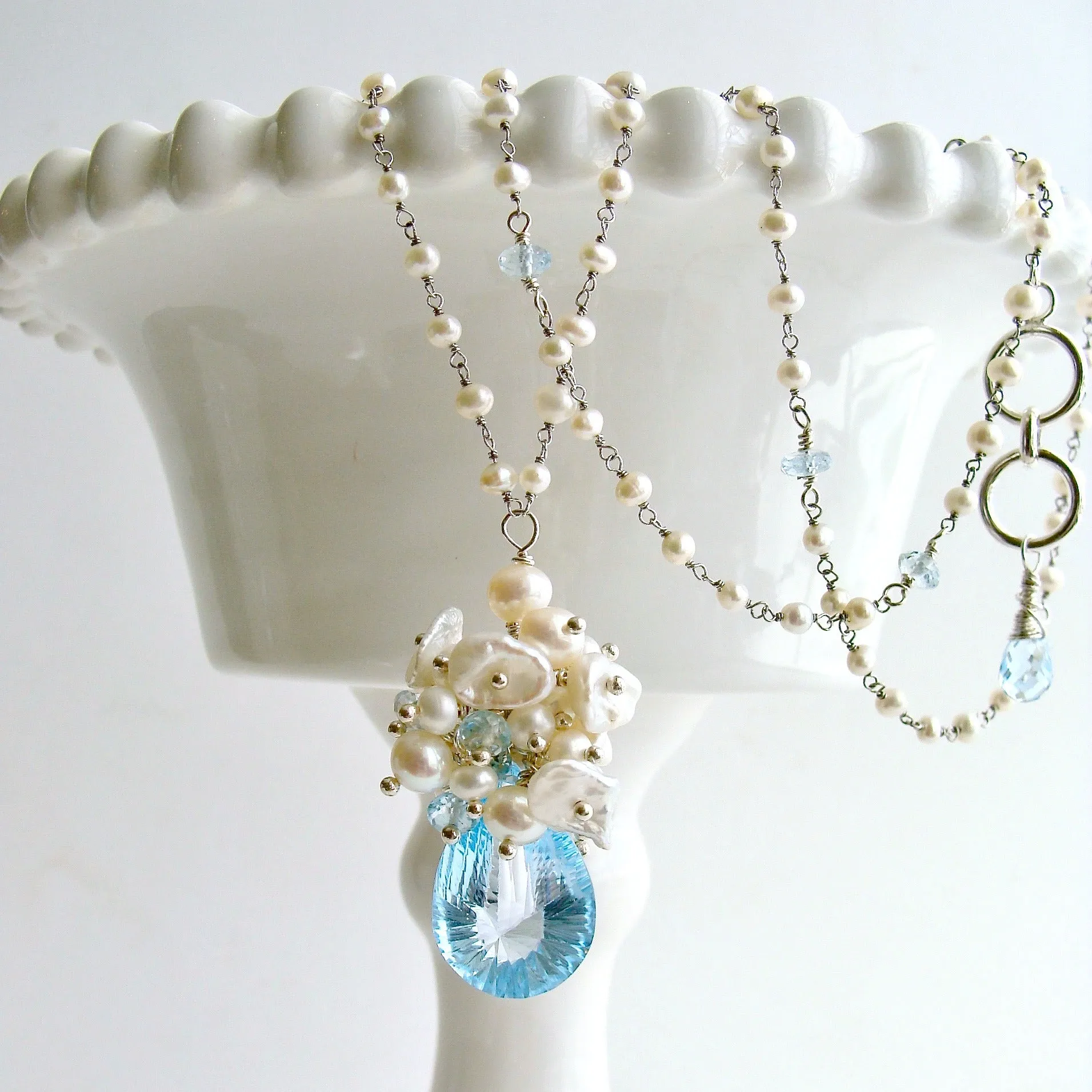 Fancy Cut Blue Topaz Seed Pearl Cluster Pendant Necklace - Diana Necklace