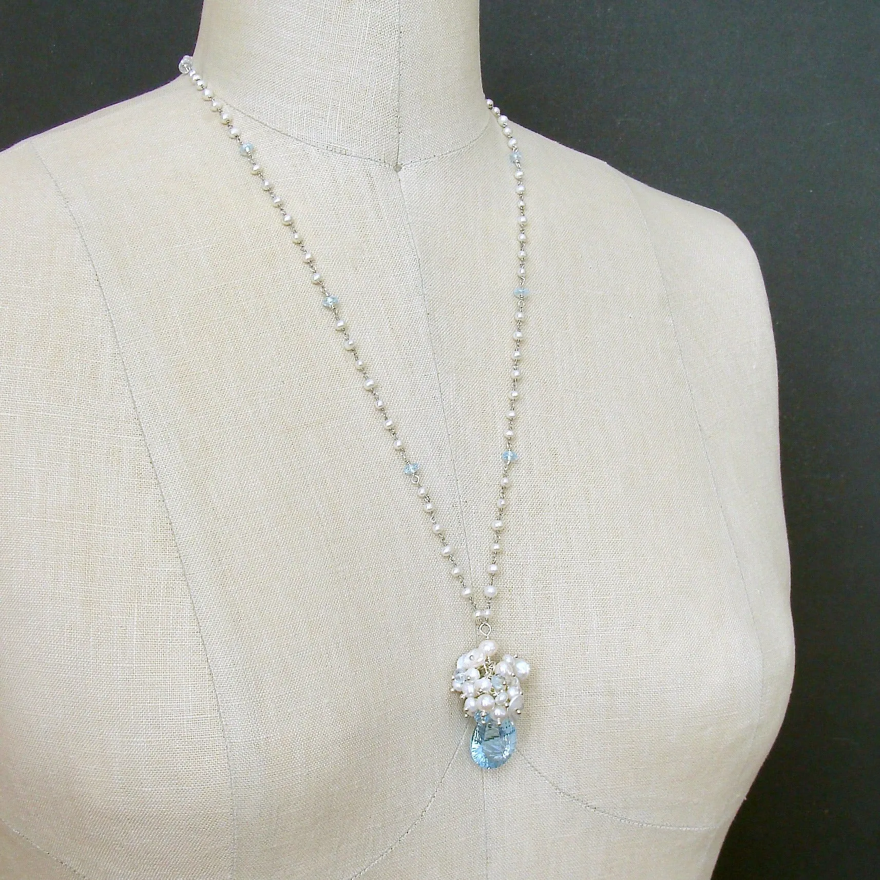 Fancy Cut Blue Topaz Seed Pearl Cluster Pendant Necklace - Diana Necklace