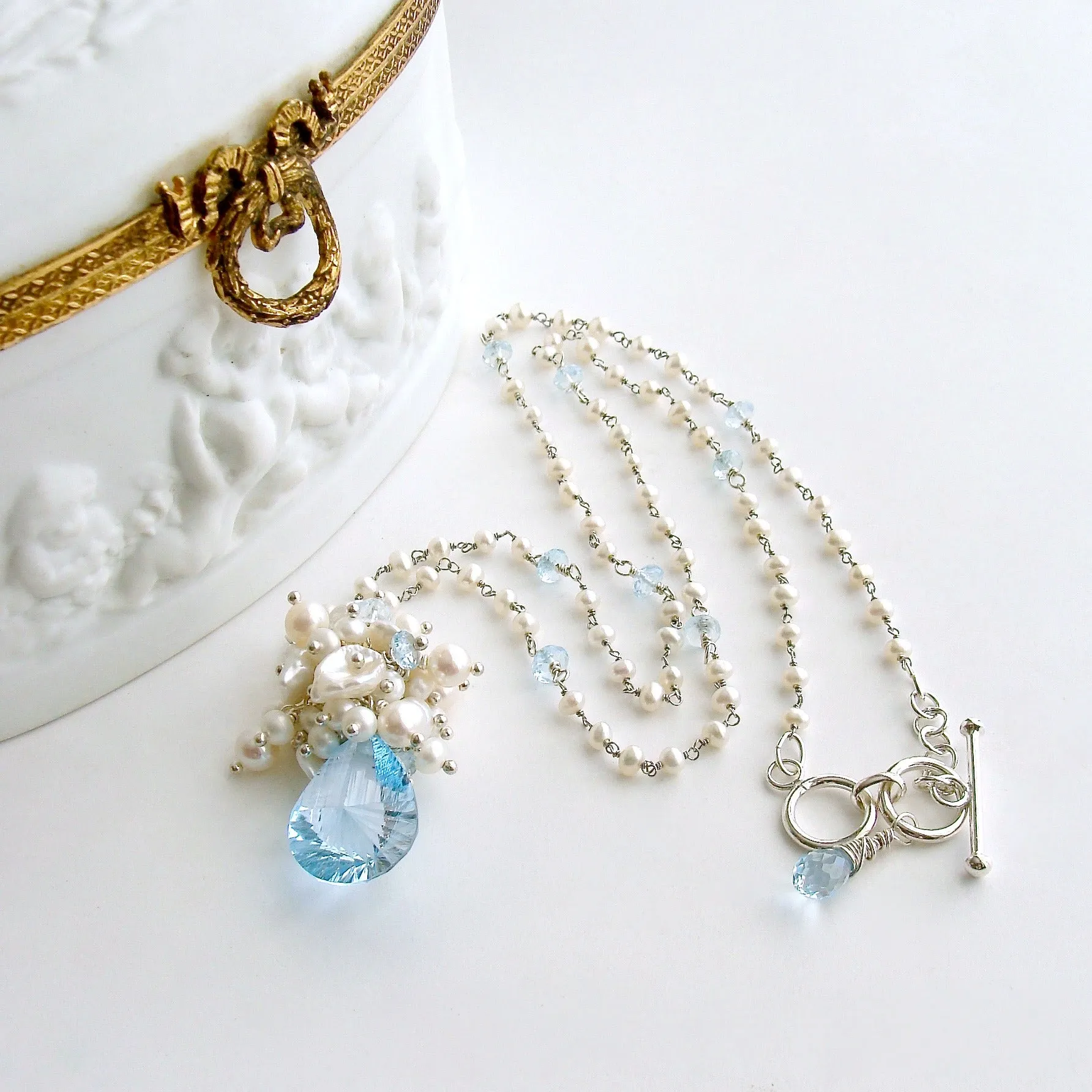 Fancy Cut Blue Topaz Seed Pearl Cluster Pendant Necklace - Diana Necklace