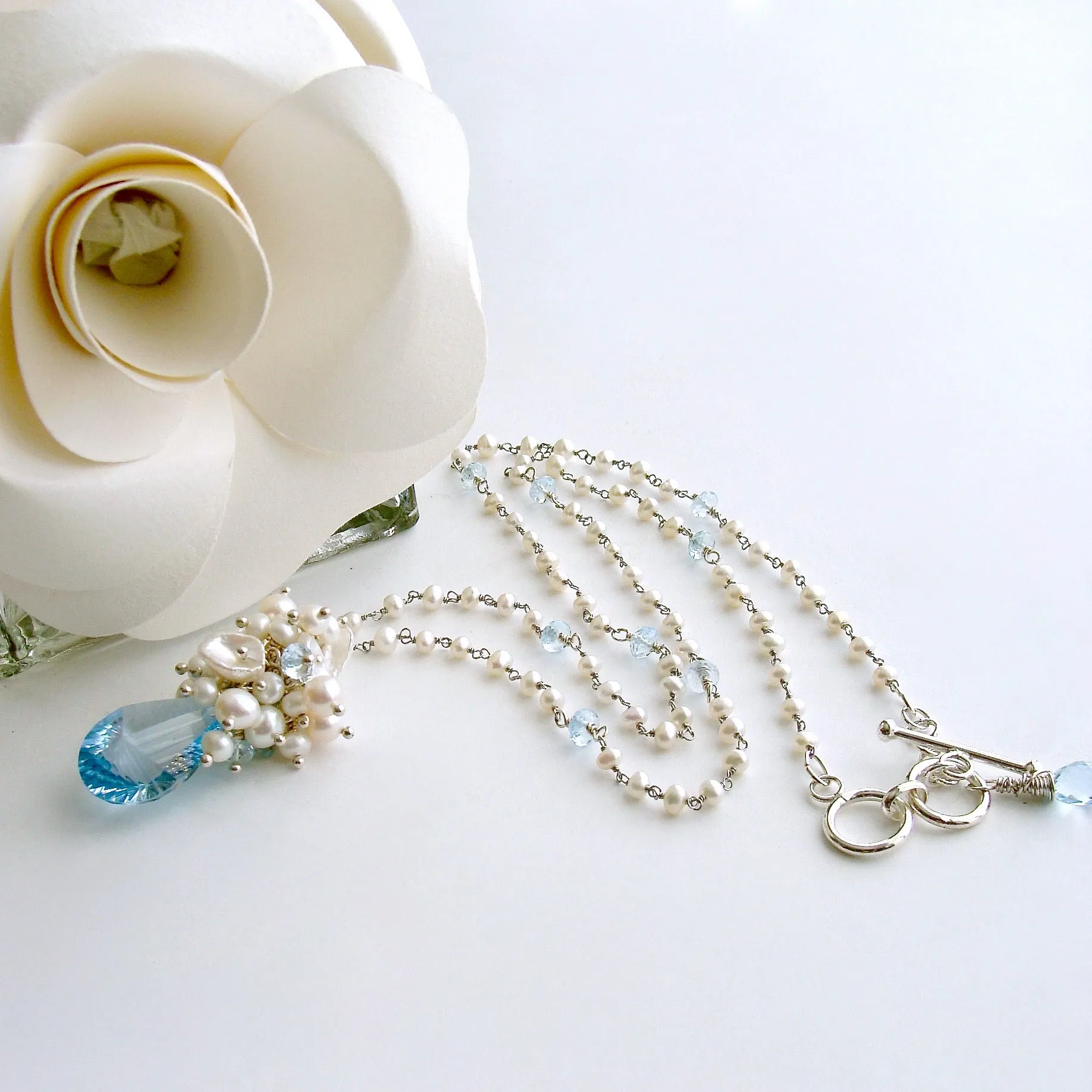 Fancy Cut Blue Topaz Seed Pearl Cluster Pendant Necklace - Diana Necklace