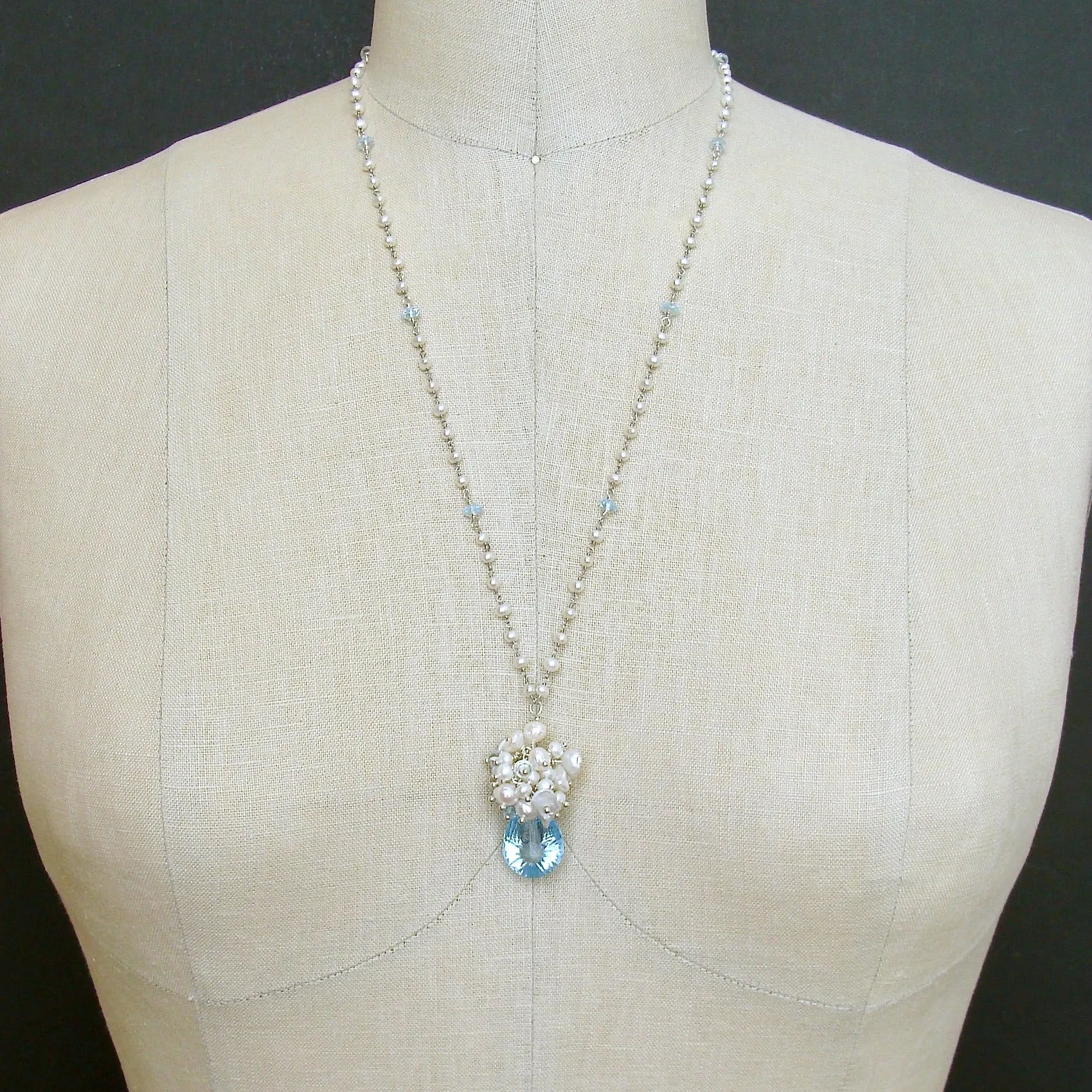 Fancy Cut Blue Topaz Seed Pearl Cluster Pendant Necklace - Diana Necklace