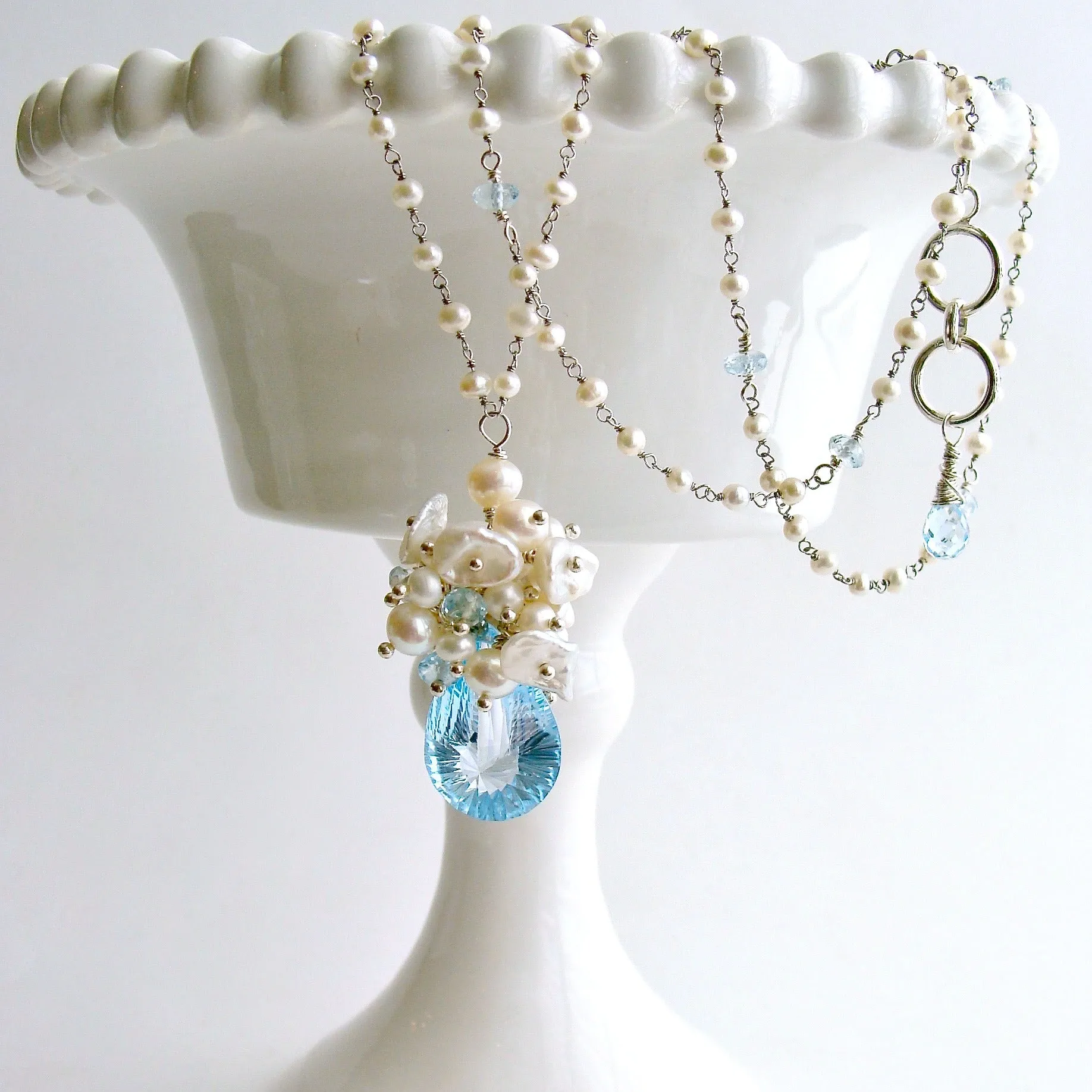 Fancy Cut Blue Topaz Seed Pearl Cluster Pendant Necklace - Diana Necklace