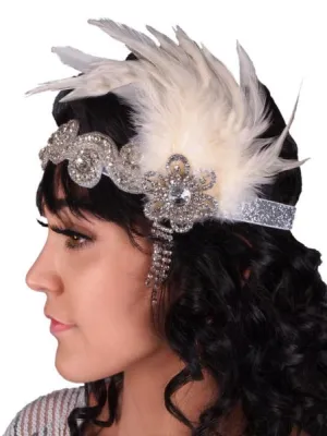 Flapper Beaded Headband - White/Silver