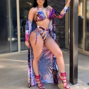 Floral Print Halter Cut Out Three Piece Swimsuit Set