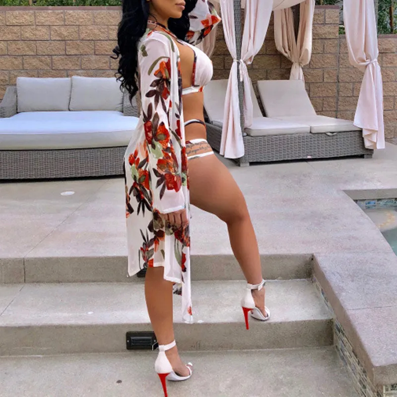 Floral Print Halter Cut Out Three Piece Swimsuit Set