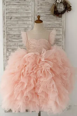 Fluffy Sleeves Beaded Peach Tulle Organza Wedding Flower Girl Dress Kids Party