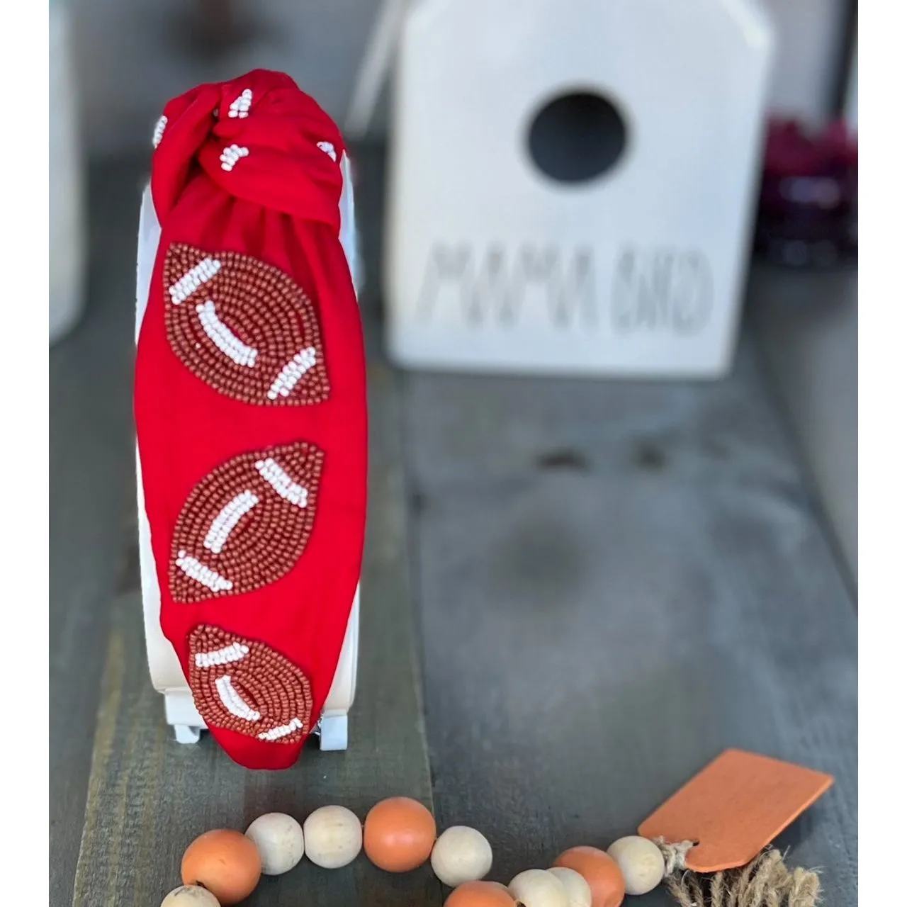 Football Seed Beaded Team Spirit Top Knot Headband.  - Restocking
