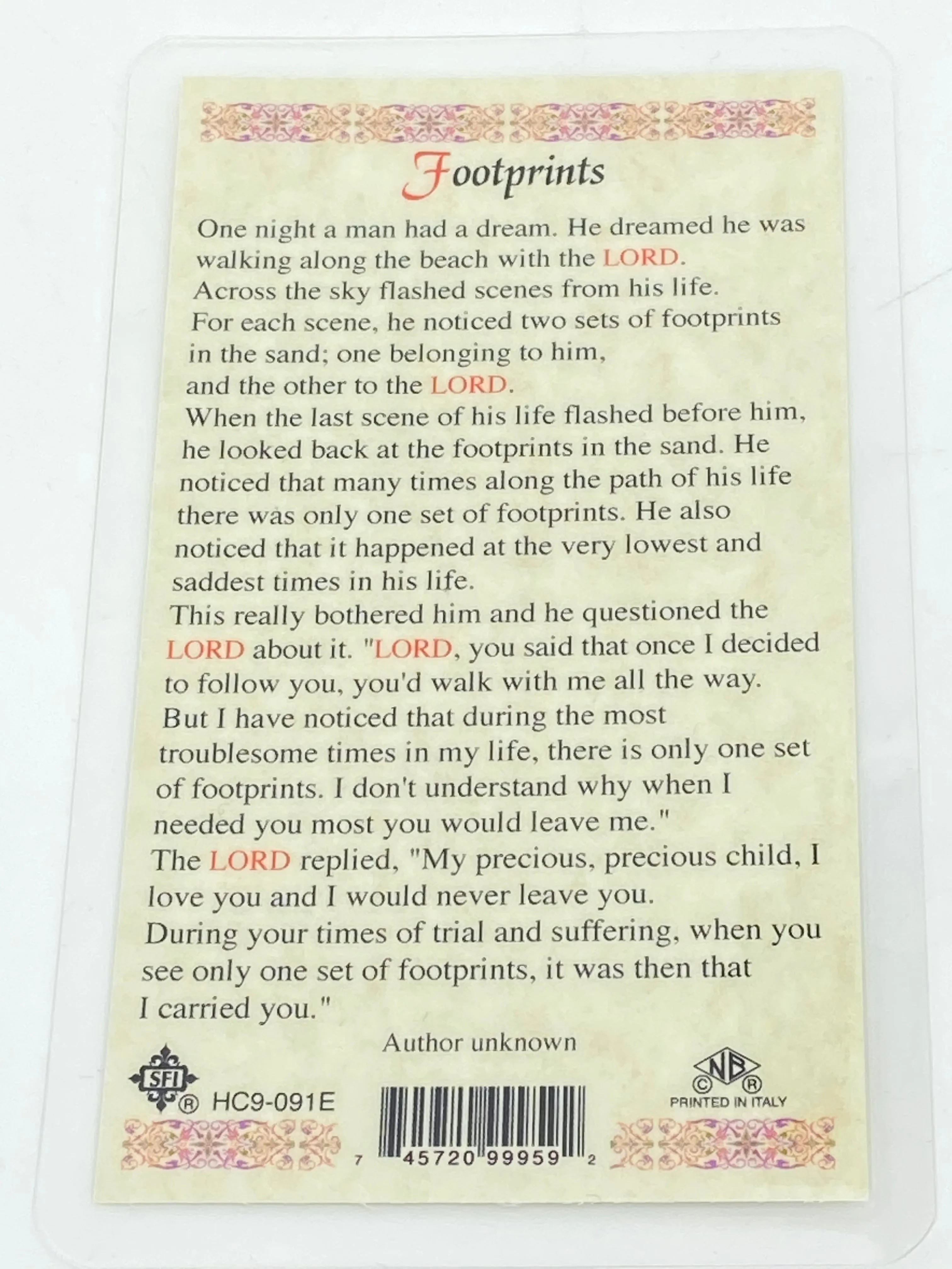 Footprints Laminated Holy Card (Plastic Covered)