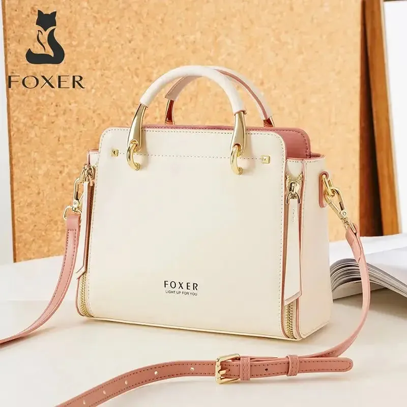 Foxer Cream Split Leather Handbag with Pink Trim and Gold Hardware
