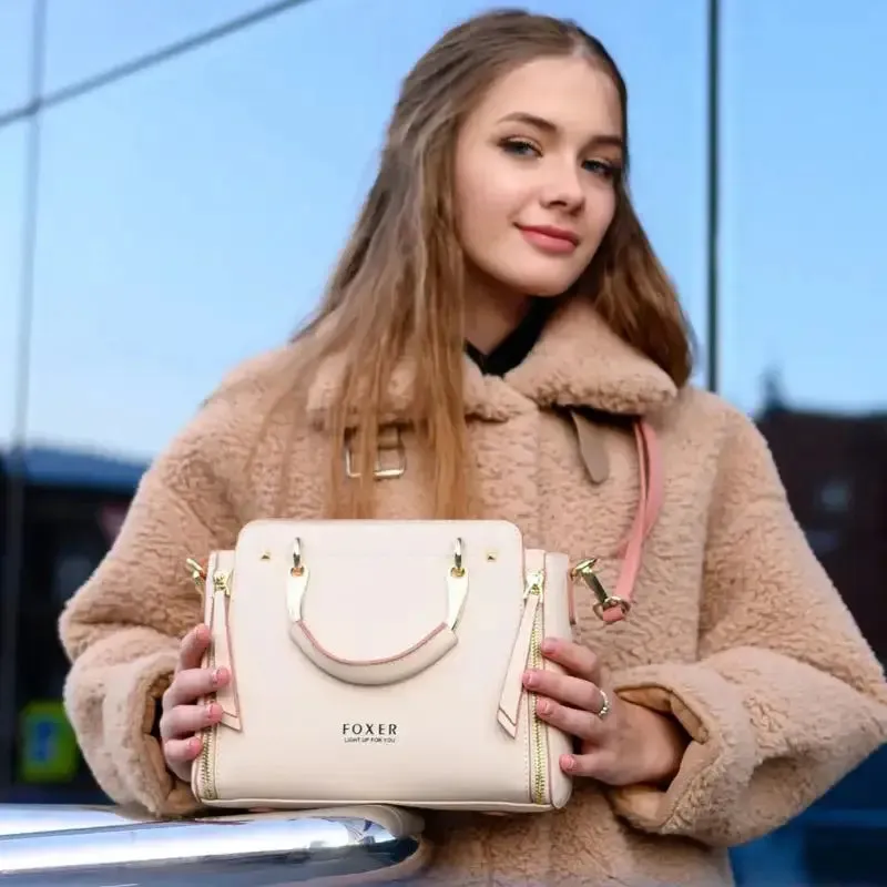 Foxer Cream Split Leather Handbag with Pink Trim and Gold Hardware