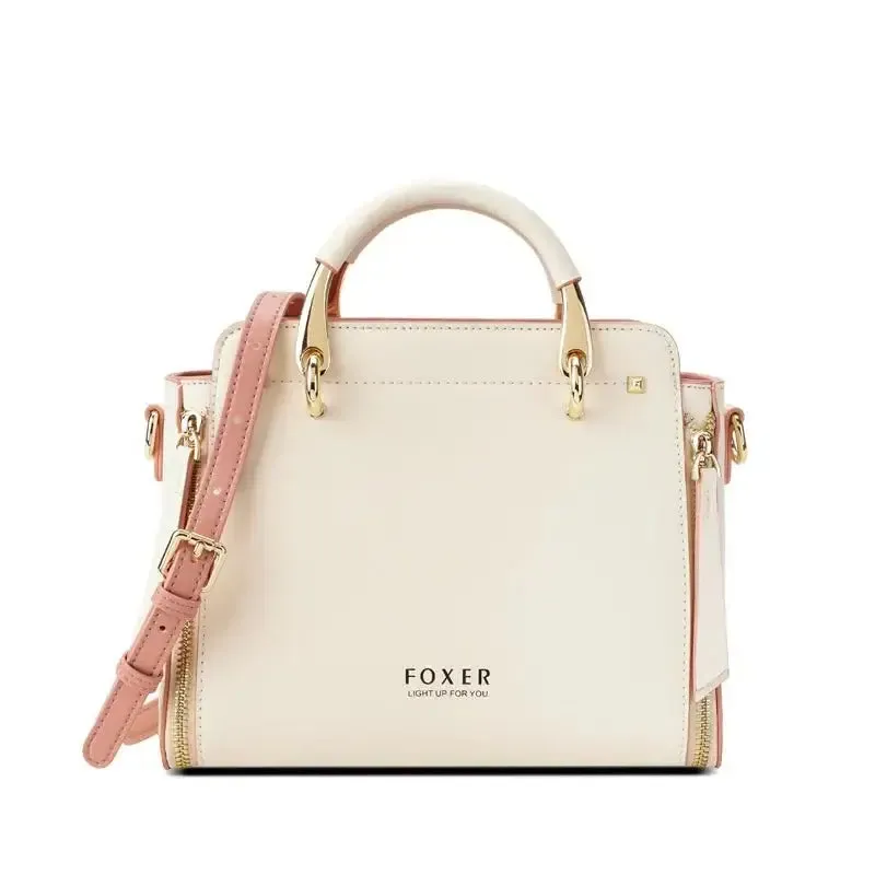 Foxer Cream Split Leather Handbag with Pink Trim and Gold Hardware