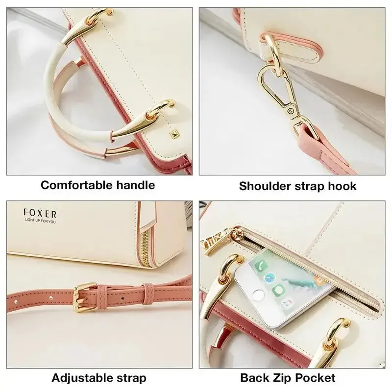 Foxer Cream Split Leather Handbag with Pink Trim and Gold Hardware