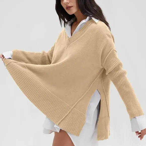 Free People 'Orion' beige V neck boxy fit tunic sweater