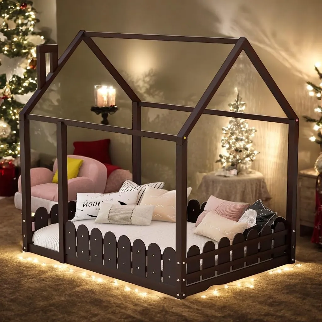 Full Size Wood Bed House Frame with Fence for Kids Teens Girls Boys