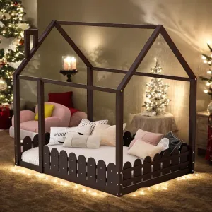 Full Size Wood Bed House Frame with Fence for Kids Teens Girls Boys