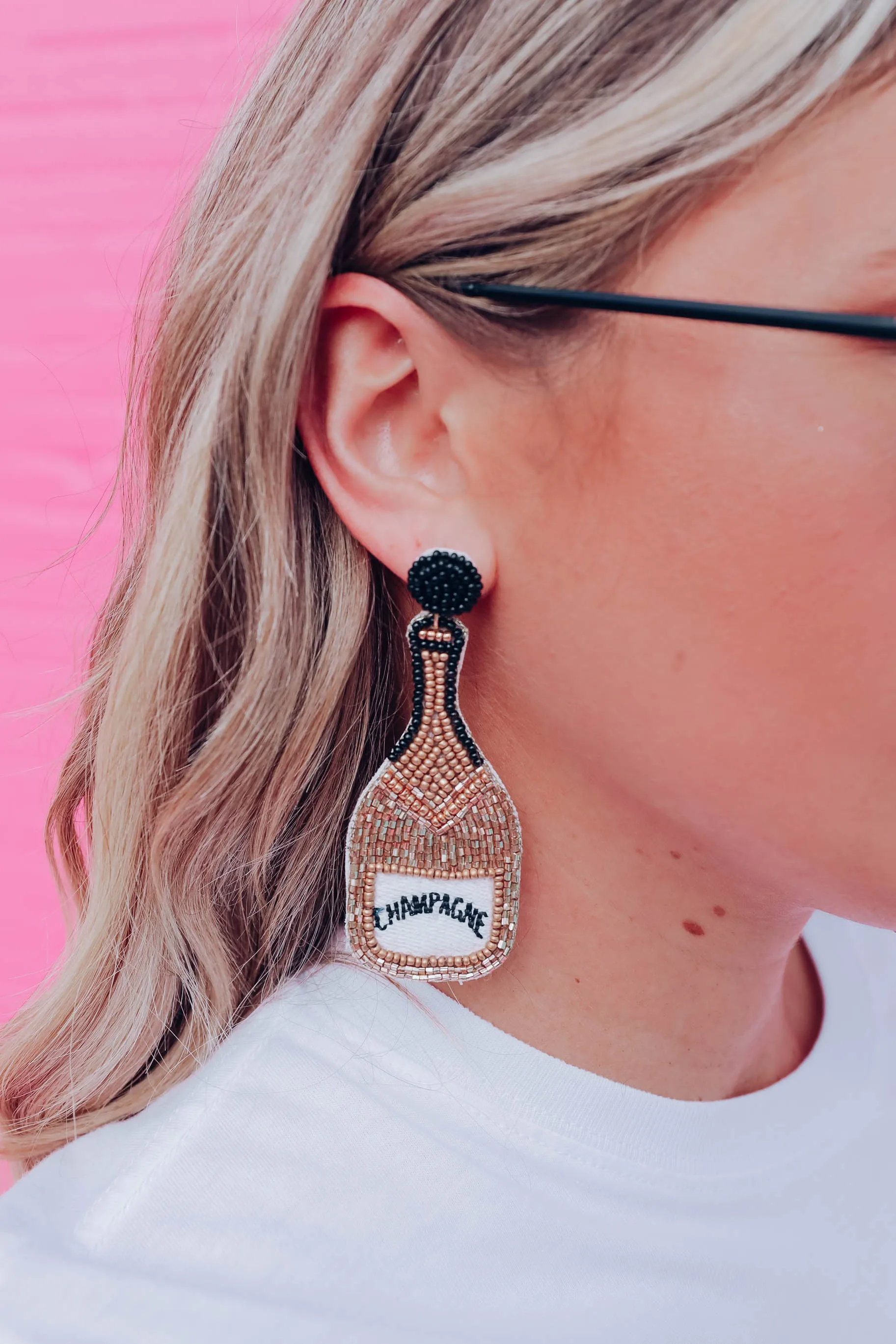 Gold Beaded Champagne Bottle Earrings