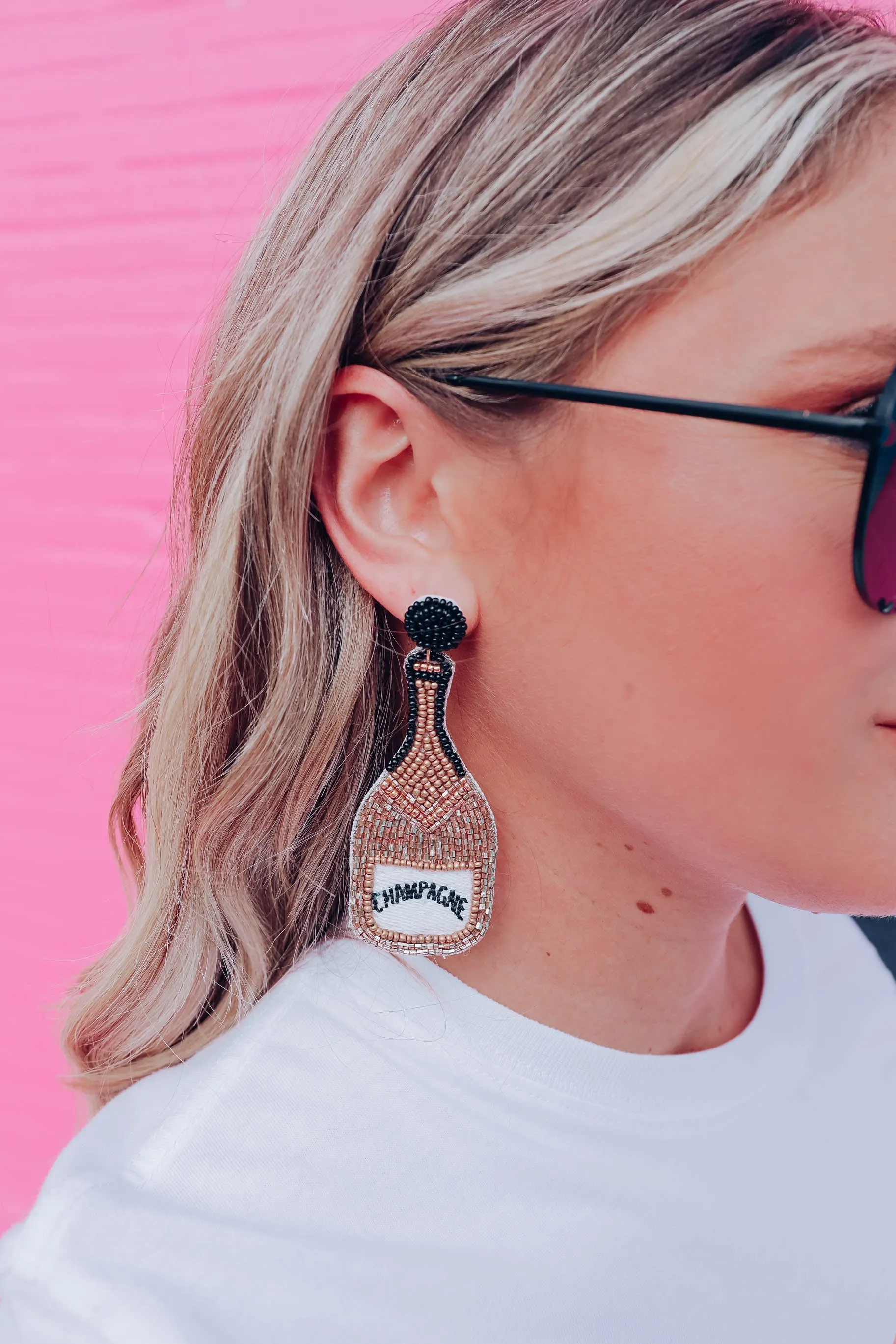 Gold Beaded Champagne Bottle Earrings