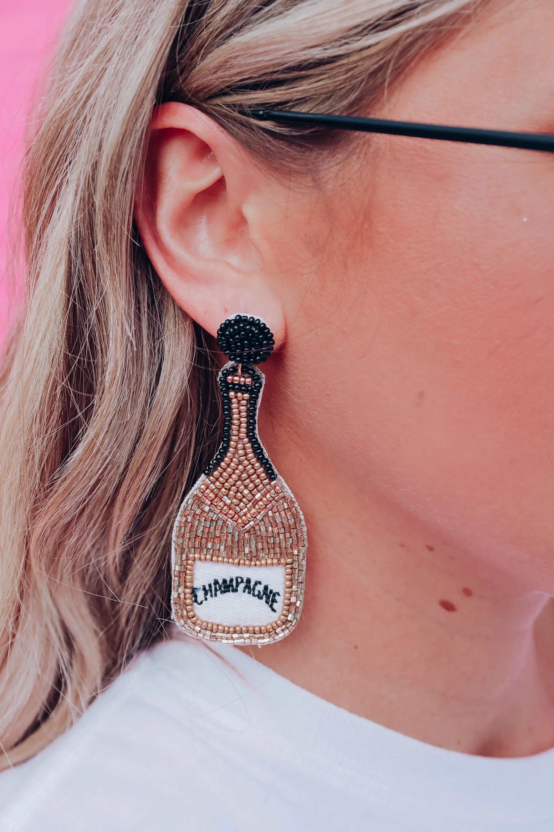 Gold Beaded Champagne Bottle Earrings